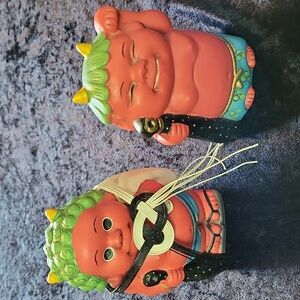 Cute Oni Figurine Porcelain Set - Red and Green